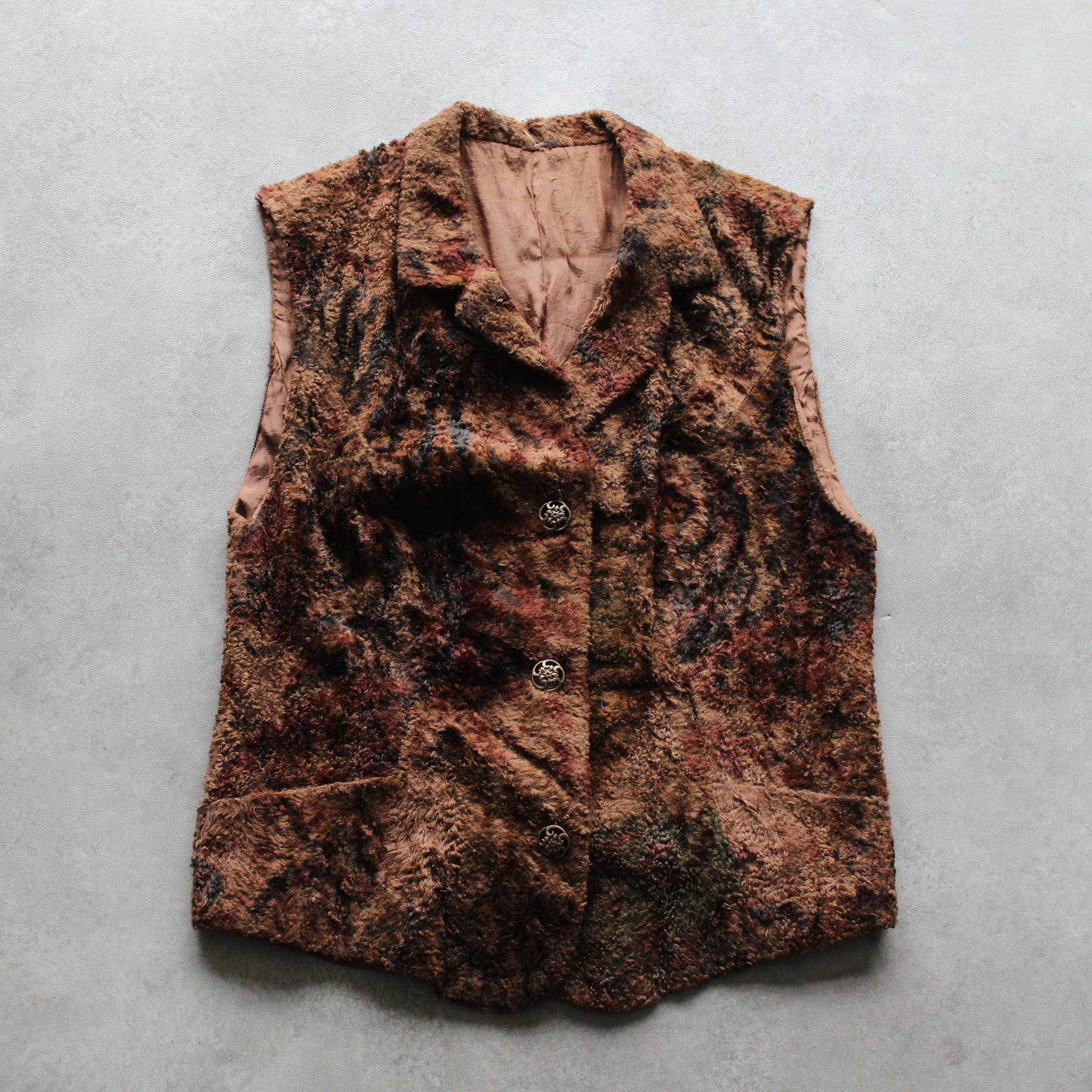Vintage Textured Vest – Brown Patterned Design, Button Closure (Woman-M)
