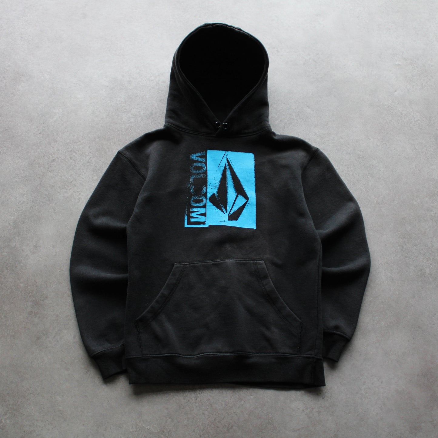 Volcom Kids Hoodie – Black with Blue Logo Print, Kangaroo Pocket (Kid-10Y)