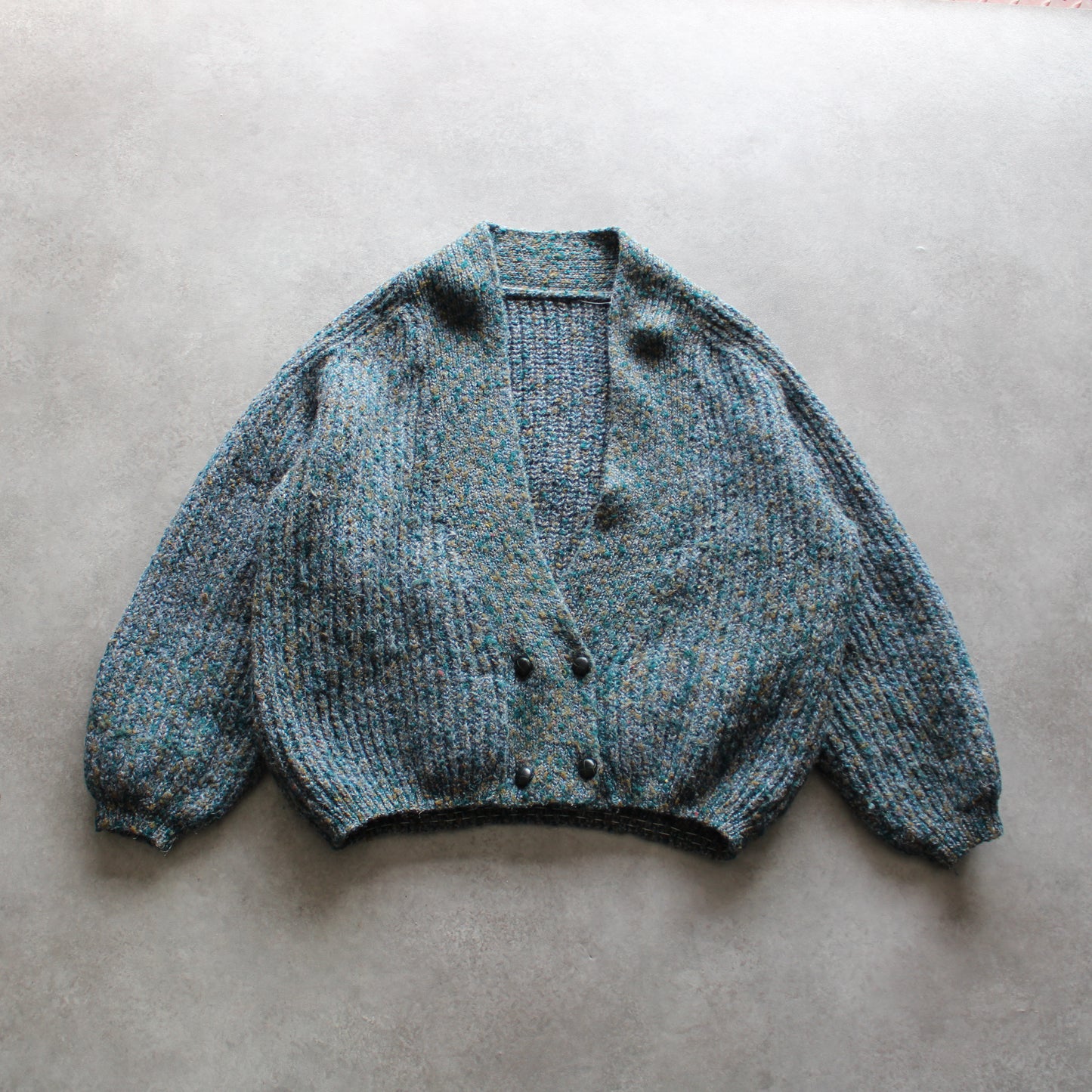 Vintage Chunky Knit Cardigan – Blue Speckled Wool Look (Woman-XL)