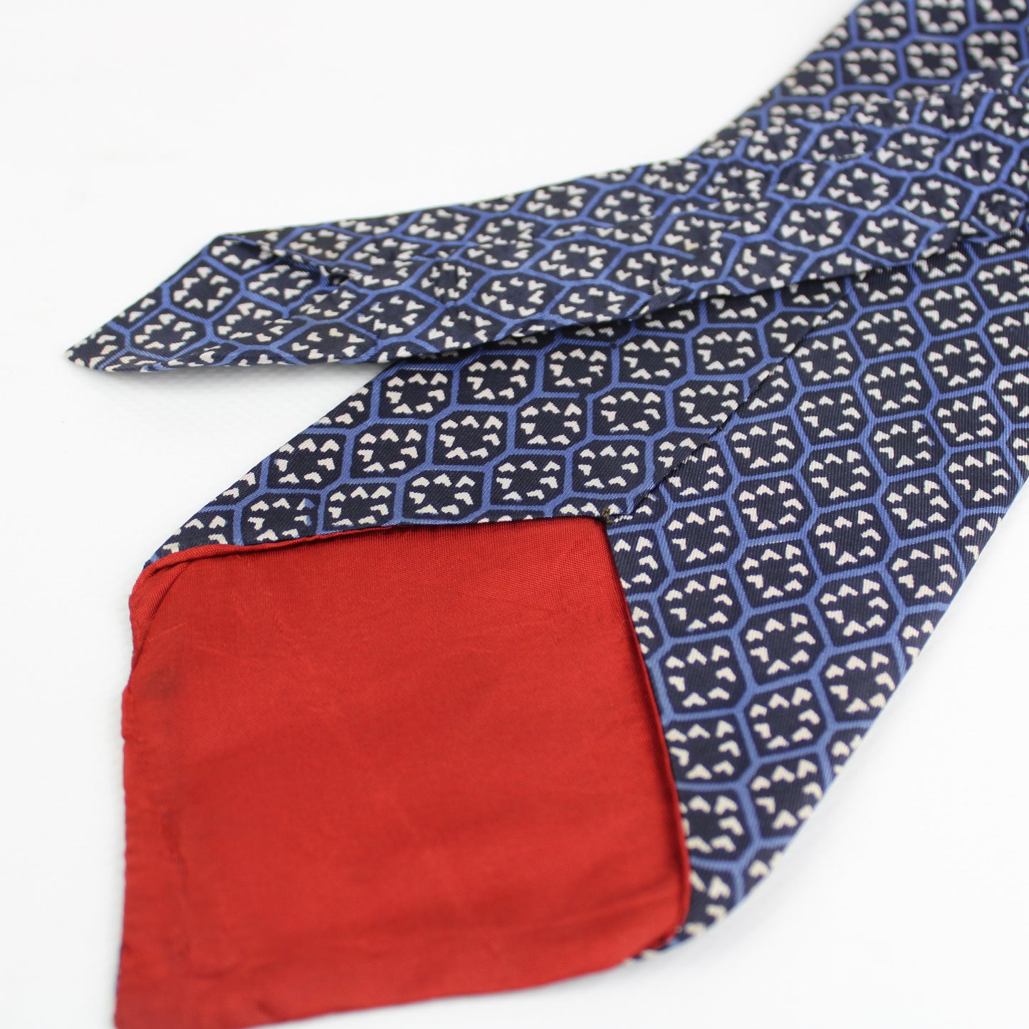 Geometric Blue Silk Tie with Red Lining – Vintage Style