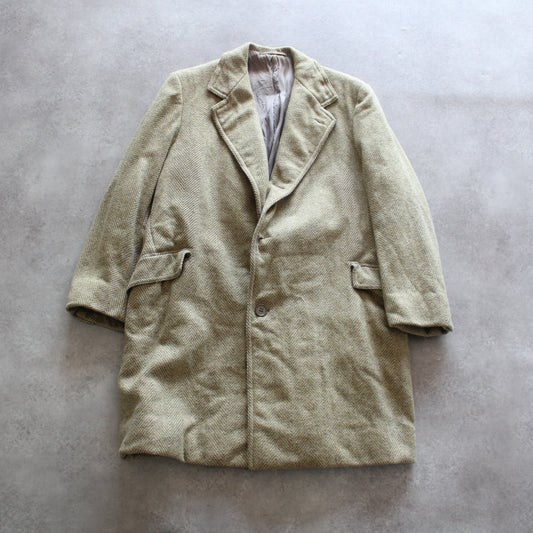 Vintage Beige Herringbone Wool Overcoat (Man-L)
