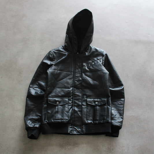 volcom jacket, faux leather jacket, black hooded jacket, streetwear outerwear, men’s urban jacket, volcom streetwear