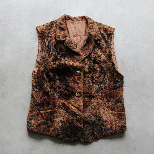 Vintage Textured Vest – Brown Patterned Design, Button Closure (Woman-M)