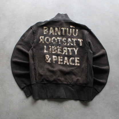 Bantuu Vintage Zip-Up Sweatshirt – Faded Black, Distressed Details, Liberty & Peace Print (Man-L)