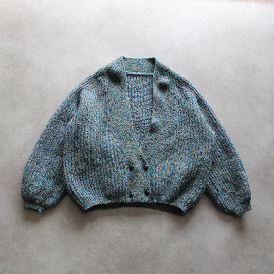 Vintage Chunky Knit Cardigan – Blue Speckled Wool Look (Woman-XL)