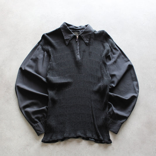 Chevy Vintage Black Textured Blouse – Retro Collared Top (Woman-L)