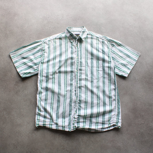 Wash Vintage Striped Short Sleeve Shirt – White/Green (Man-L)