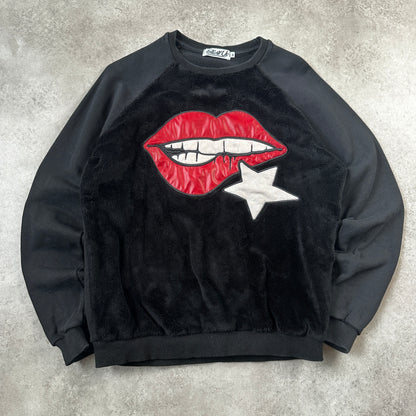 Follow Us Black Lips & Star Patch Fleece Crewneck M