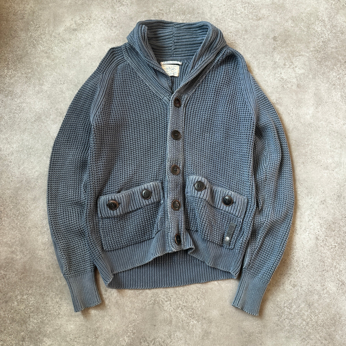 Replay Blue Knit Button-Up Shawl Collar Cardigan M