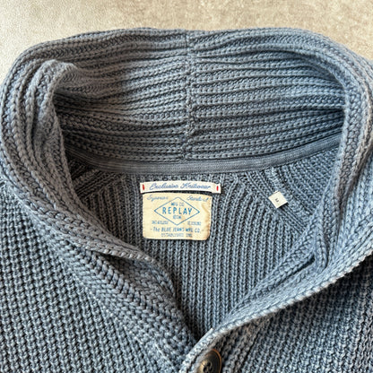 Replay Blue Knit Button-Up Shawl Collar Cardigan M