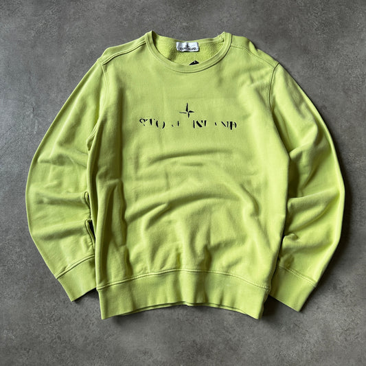 Stone Island Lime Green Stencil Chest Logo Crewneck M