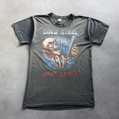 Vintage “Cold Steel Hot Lead” Printed T-Shirt – Black (Man-M, Faded & Flawed)