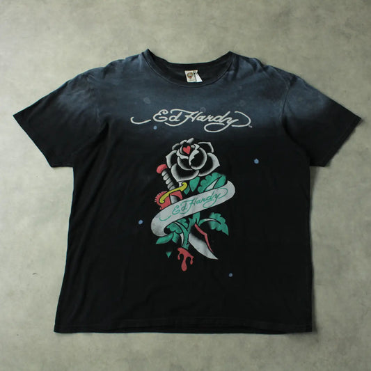 Ed Hardy Graphic T-Shirt – Black Tattoo Print Rose & Dagger (Man-XL)