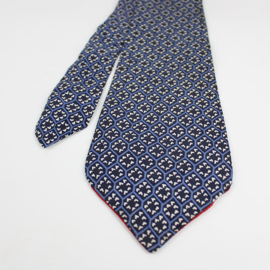 Geometric Blue Silk Tie with Red Lining – Vintage Style